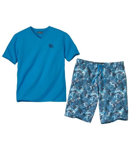 Men's Tropical Pyjama Short Set - Turquoise Blue