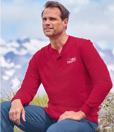 Pack of 3 Men's Henley-Neck Tops - Navy Red Blue 