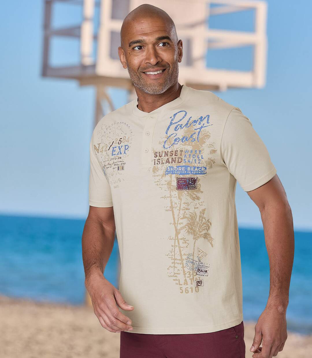 Pack of 3 Men's Button-Neck T-Shirts - Blue Burgundy Beige-4