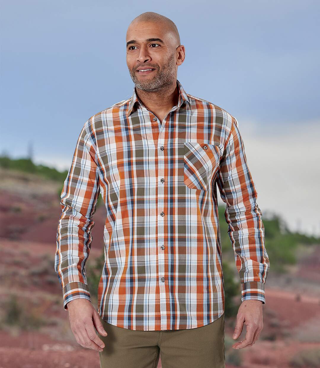 Men's Long Sleeve Checked Shirt  - Brown Blue Red-3