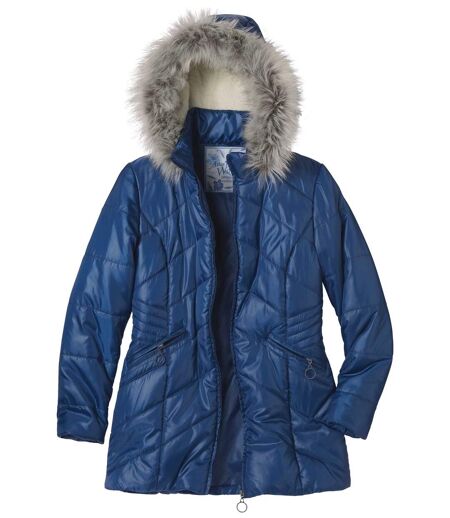 Women's Blue Coat with Faux Fur Hood