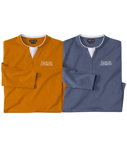 Pack of 2 Men's Long Sleeve Tops - Navy Ochre