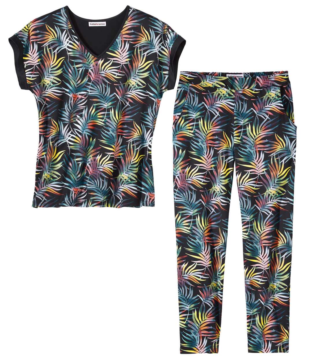 Women's Palm Print Top & Pant Set - Black-2