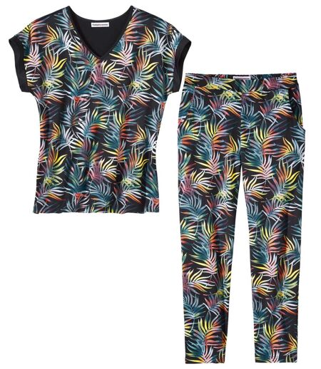 Women's Palm Print Top & Pant Set - Black 