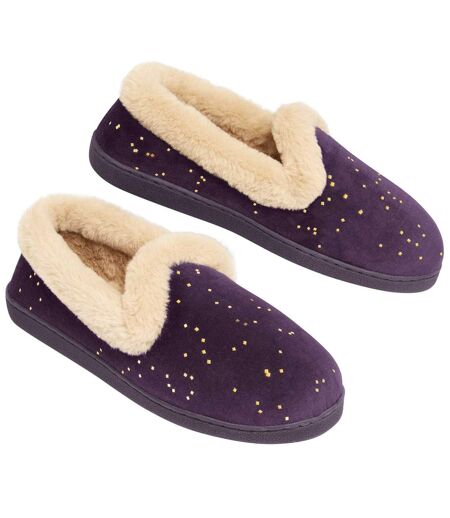 Women's Purple Velour and Faux-Fur Slippers 