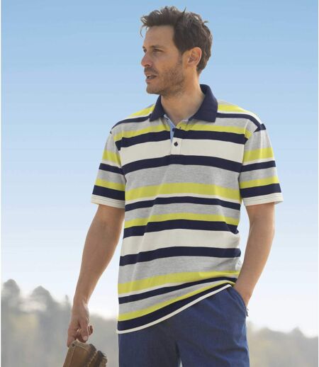Men's Striped Sporty Polo Shirt - Grey Ecru Navy Green