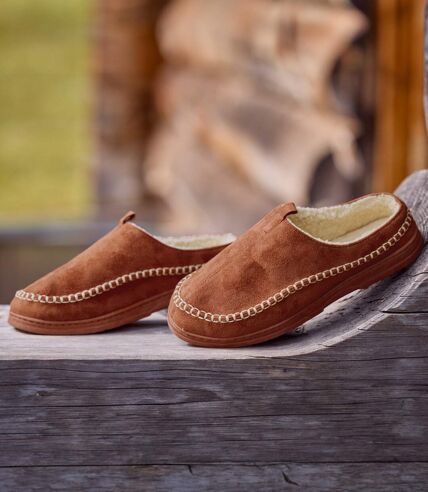 Men's Brown Sherpa-Lined Faux-Suede Slippers  