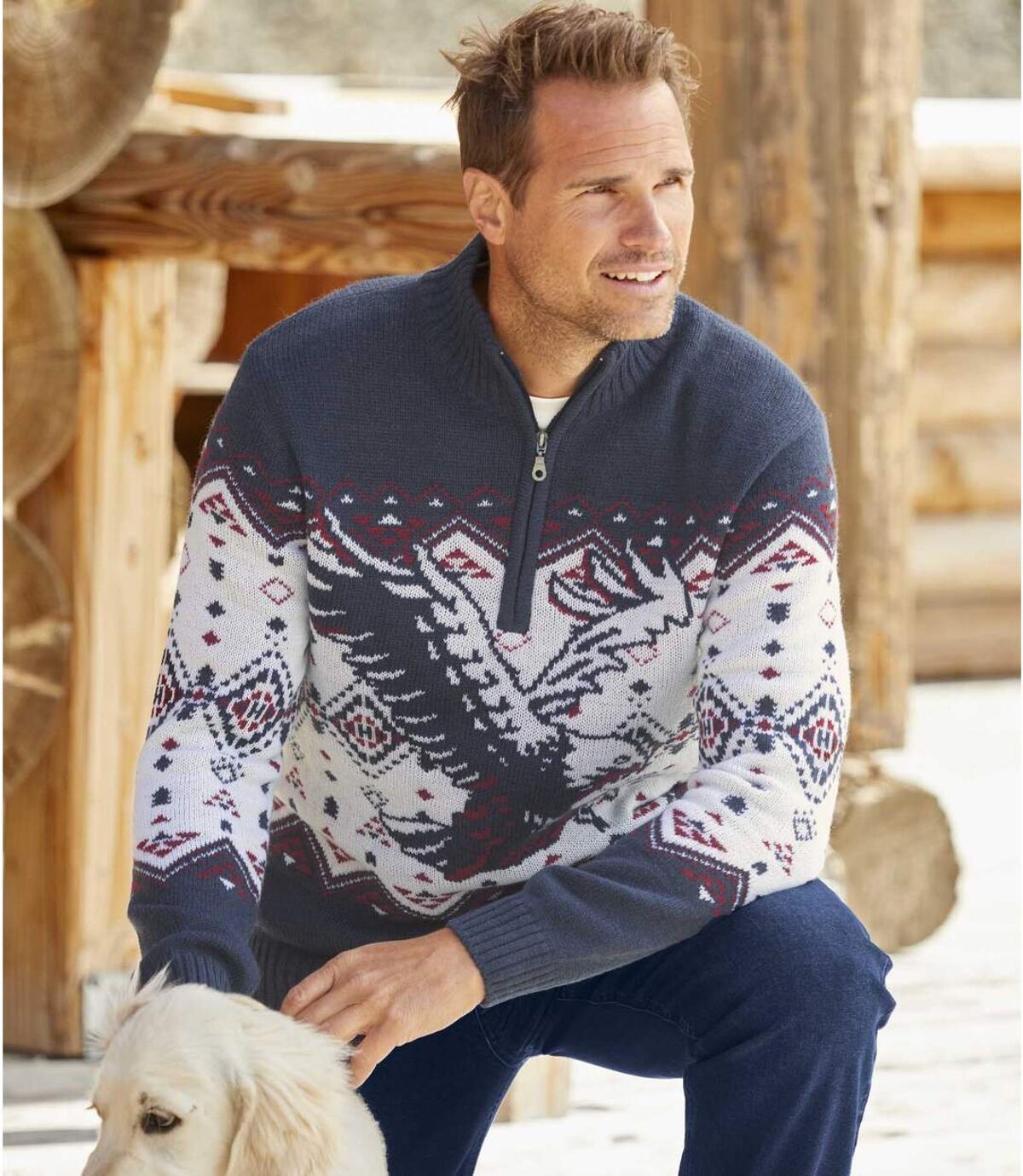 Żakardowy sweter z wykładanym kołnierzem z motywem orła Atlas For Men