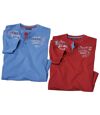 Pack of 2 Men's Button-Neck T-Shirts - Red Blue Atlas For Men