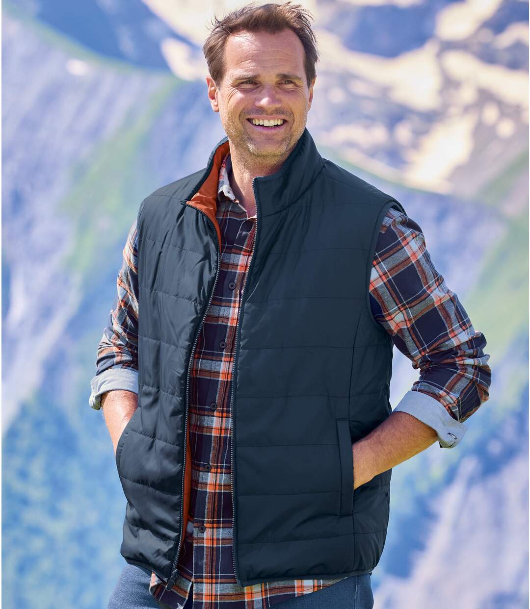 Men's Reversible Water-Repellent Padded Vest - Orange Navy