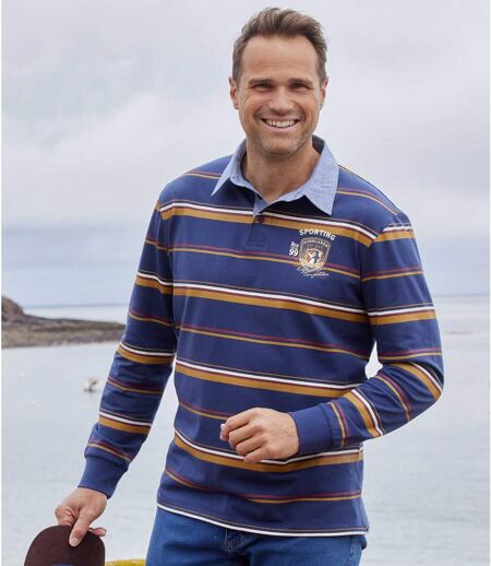 Men's Striped Long-Sleeved Polo Shirt - Navy, Ochre