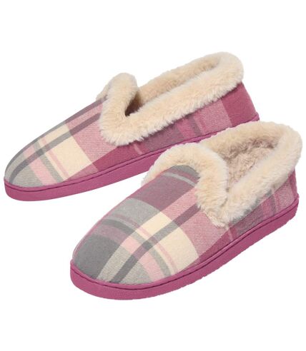 Women's Pink Checked Slippers with Faux-Fur Lining   