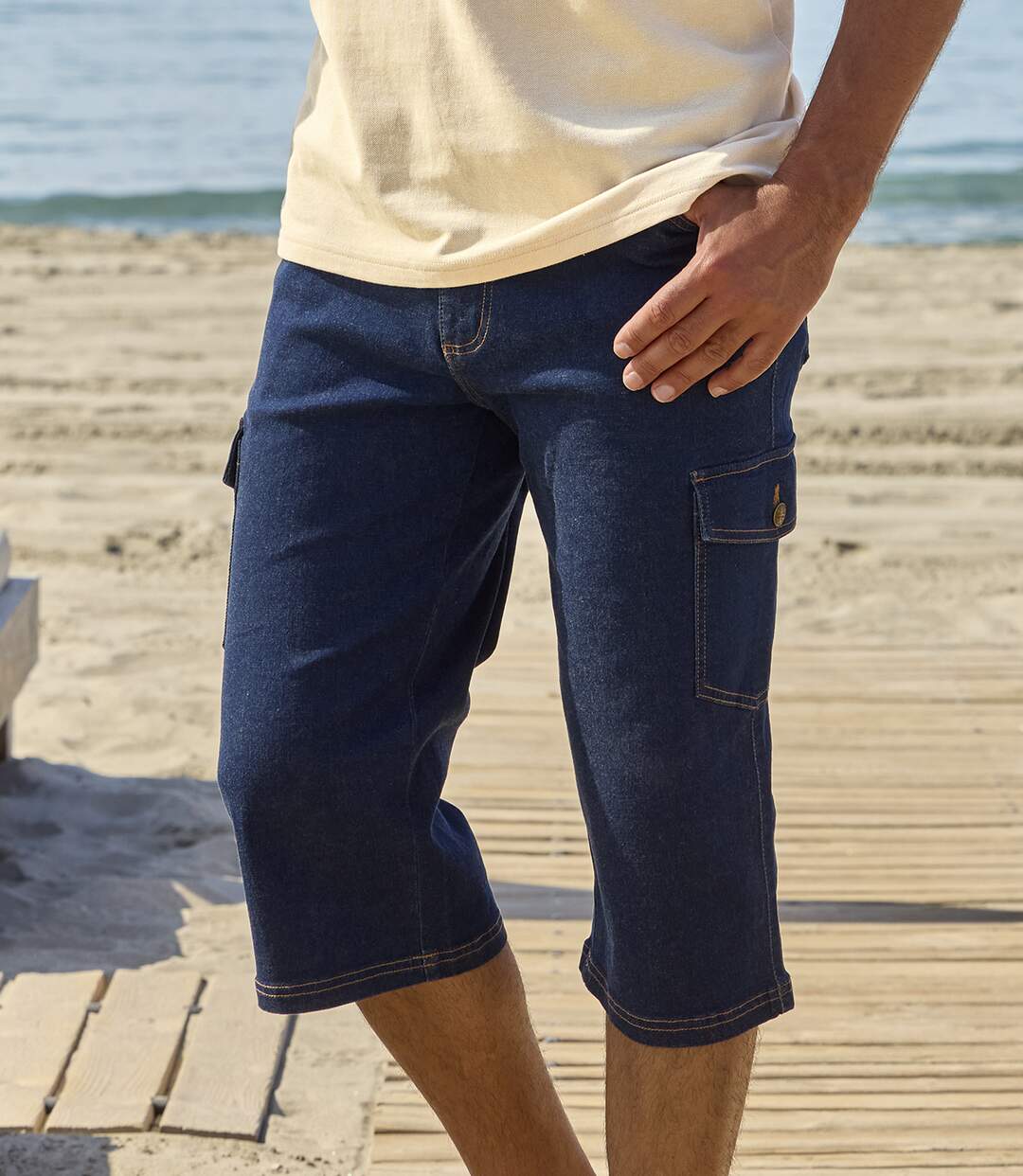 Men's Dark Blue Cropped Denim Trousers-1