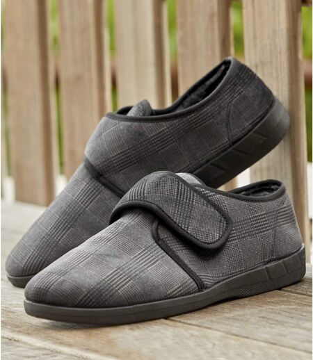Men’s Grey Check Sherpa-Lined Slippers