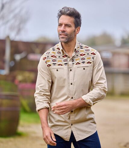 Men's Beige Printed Poplin Shirt