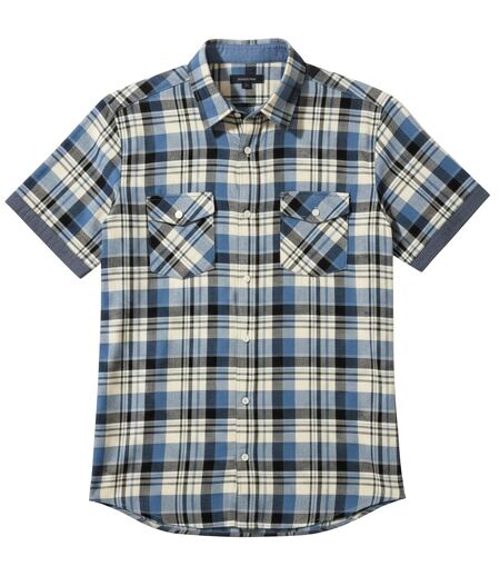 Men's Relaxed Checked Shirt - Short Sleeve - Blue