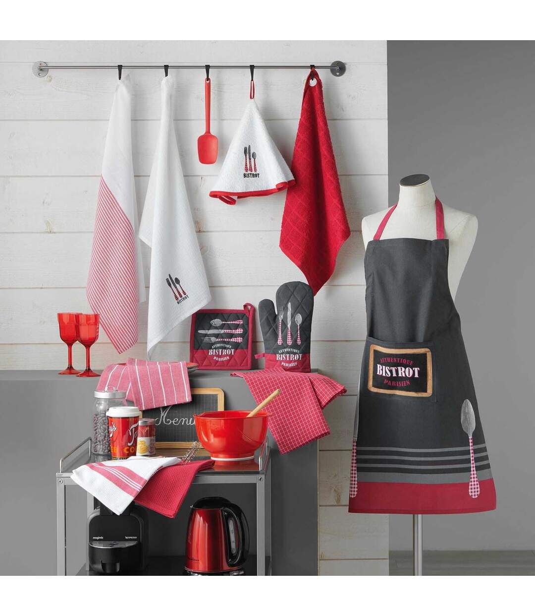 Lot de 2 Torchons Nid d'Abeille Au Bistrot 50x70cm Rouge-3