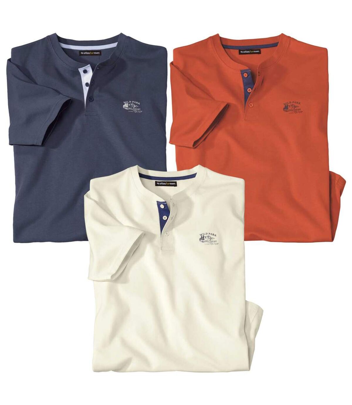 Pack of 3 Men's Button-Neck T-Shirts - Blue, Ecru, Orange Atlas For Men