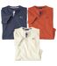 Pack of 3 Men's Button-Neck T-Shirts - Blue, Ecru, Orange