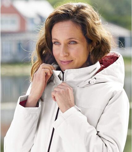 Women's White Hooded Microtech Parka Coat - Water-Repellent - Full Zip
