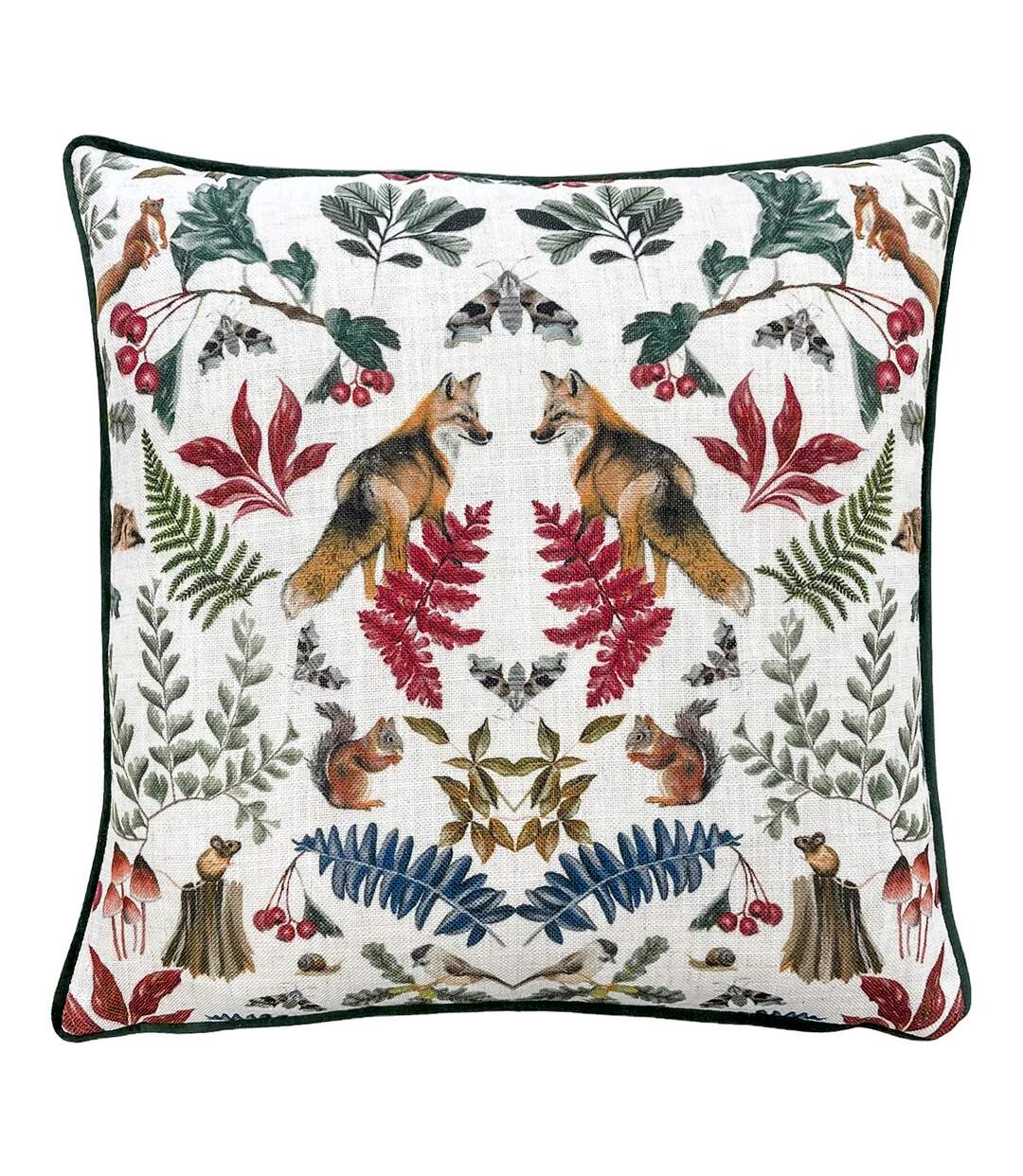 Mirrored fox cushion cover 43cm x 43cm bottle green/white Evans Lichfield