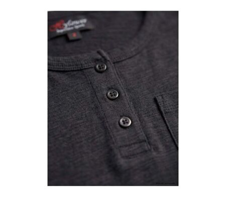 AXONE CHINA1N - Tee-shirt noir manches longues en coton flammé avec col 3 boutons et poche poitrine