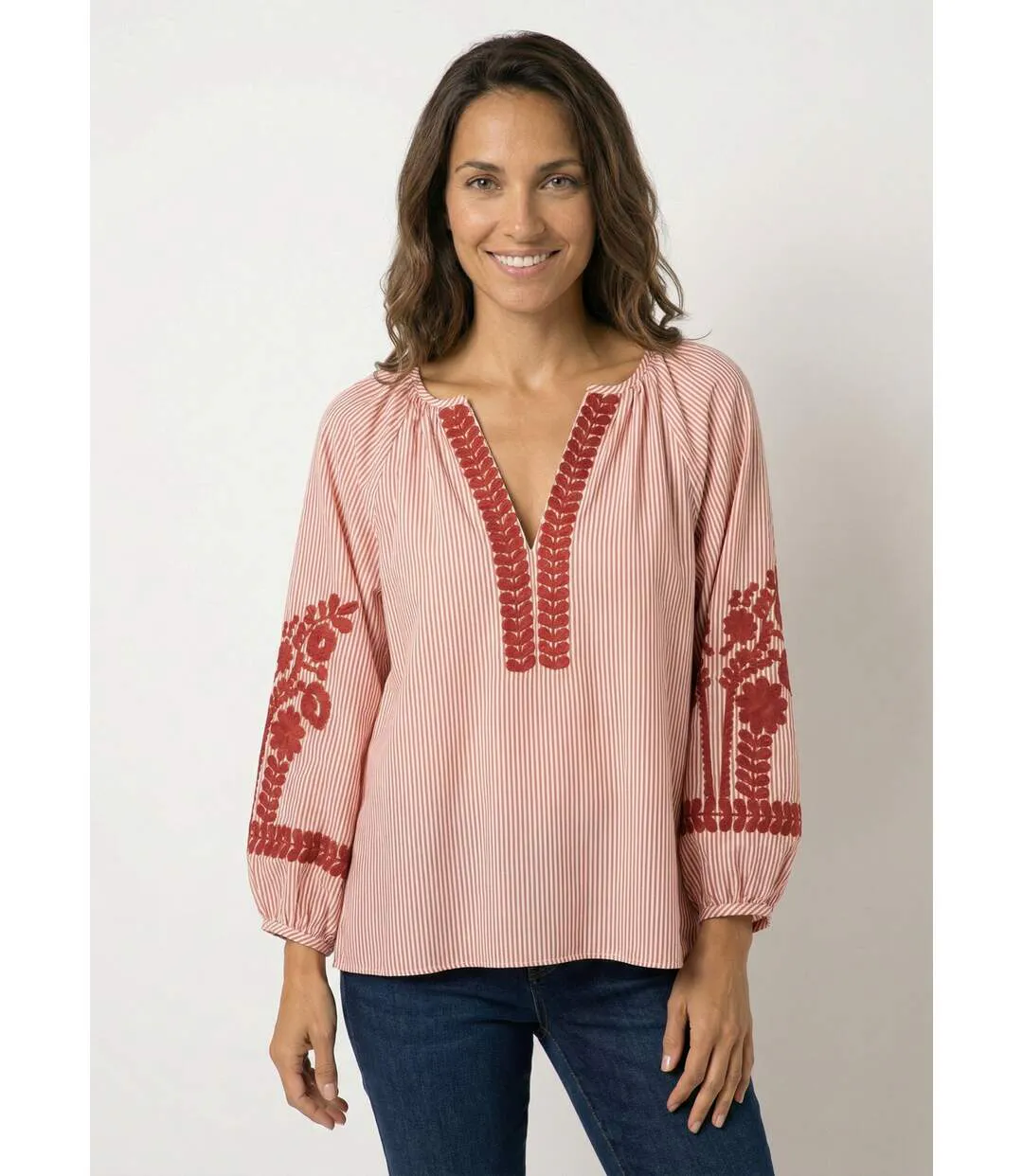 Blouse rayée avec broderies feuillages-1