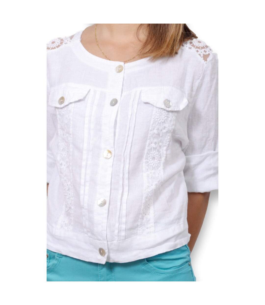 Veste femme manches 3/4 de couleur blanche col rond-4