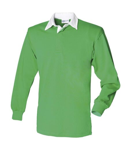 Polo de rugby à manches longues 100% coton homme vert vif/blanc Front Row