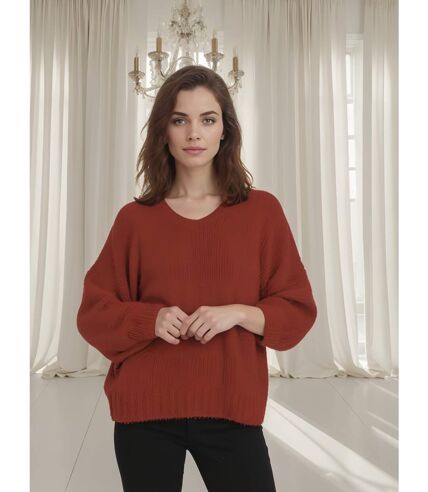 Pull femme manches longues - Couleur orange - Col en pointe