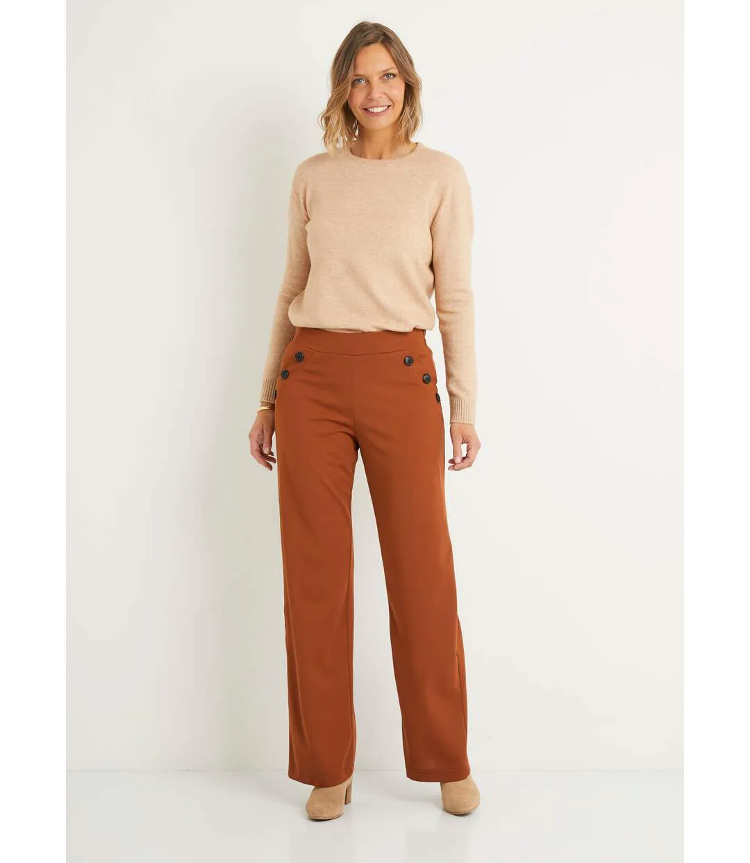 Pantalon large taille semi élastiquée uni-4