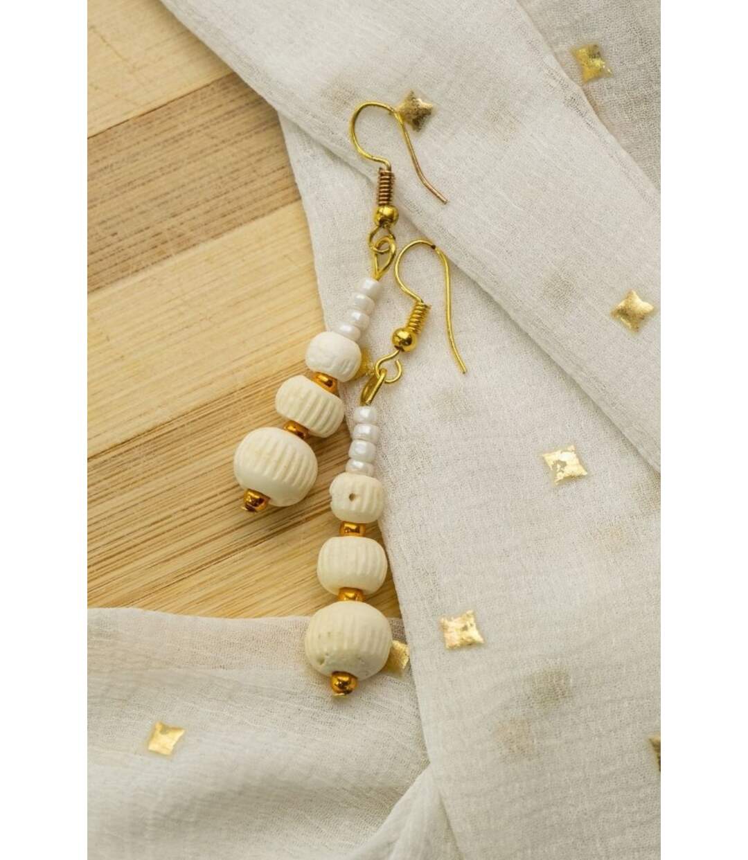 Three Beads Shell Lightweight Minimalist Beach Dainty White Drop Hook Earring-1