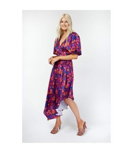 Robe Portefeuille Manches Bouffantes Motif/style Imprimé Feuille Femme Violet Little Mistress