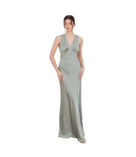 Womens/ladies Satin Open Back Bridesmaid Maxi Dress Sage Green Maya Deluxe