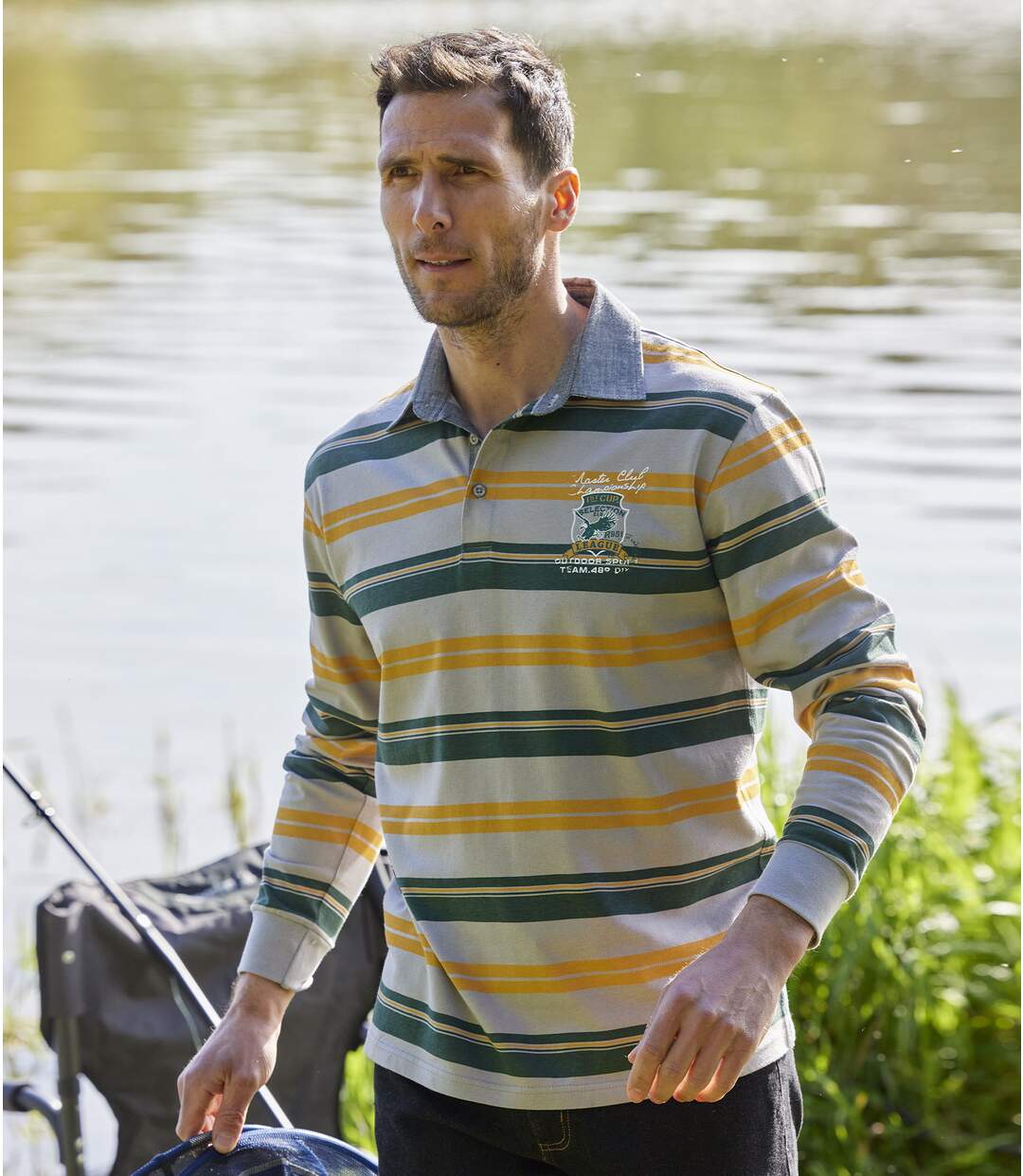 Men's Striped Long-Sleeved Polo Shirt - Gray Green Yellow Atlas For Men