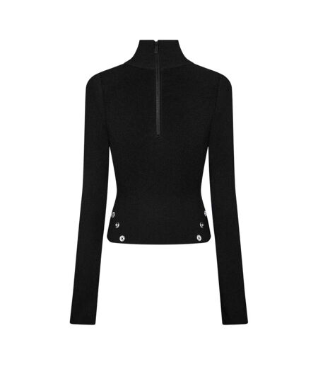 Womens/ladies Eyelets Mock Neck Top Black Off White