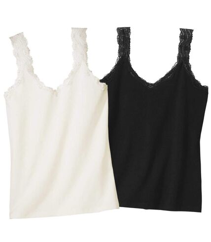Women's Pack of 2 Stretch Lace Vest Tops - Black, Ecru