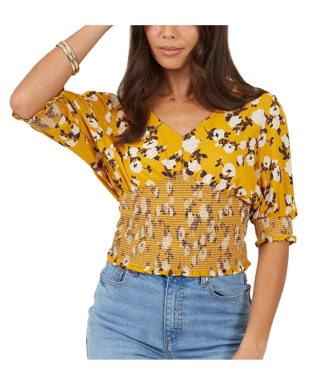 Blouse Manches Bouffantes Motif/style Floral Femme Blanc Jaune Brave Soul-2