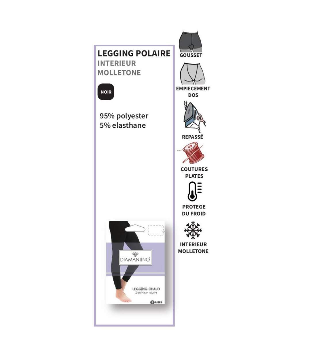 Collant Femme Confort et Résistance DIAMANTINO Pack de 2 Leggings Chauds Polaire Noir-2