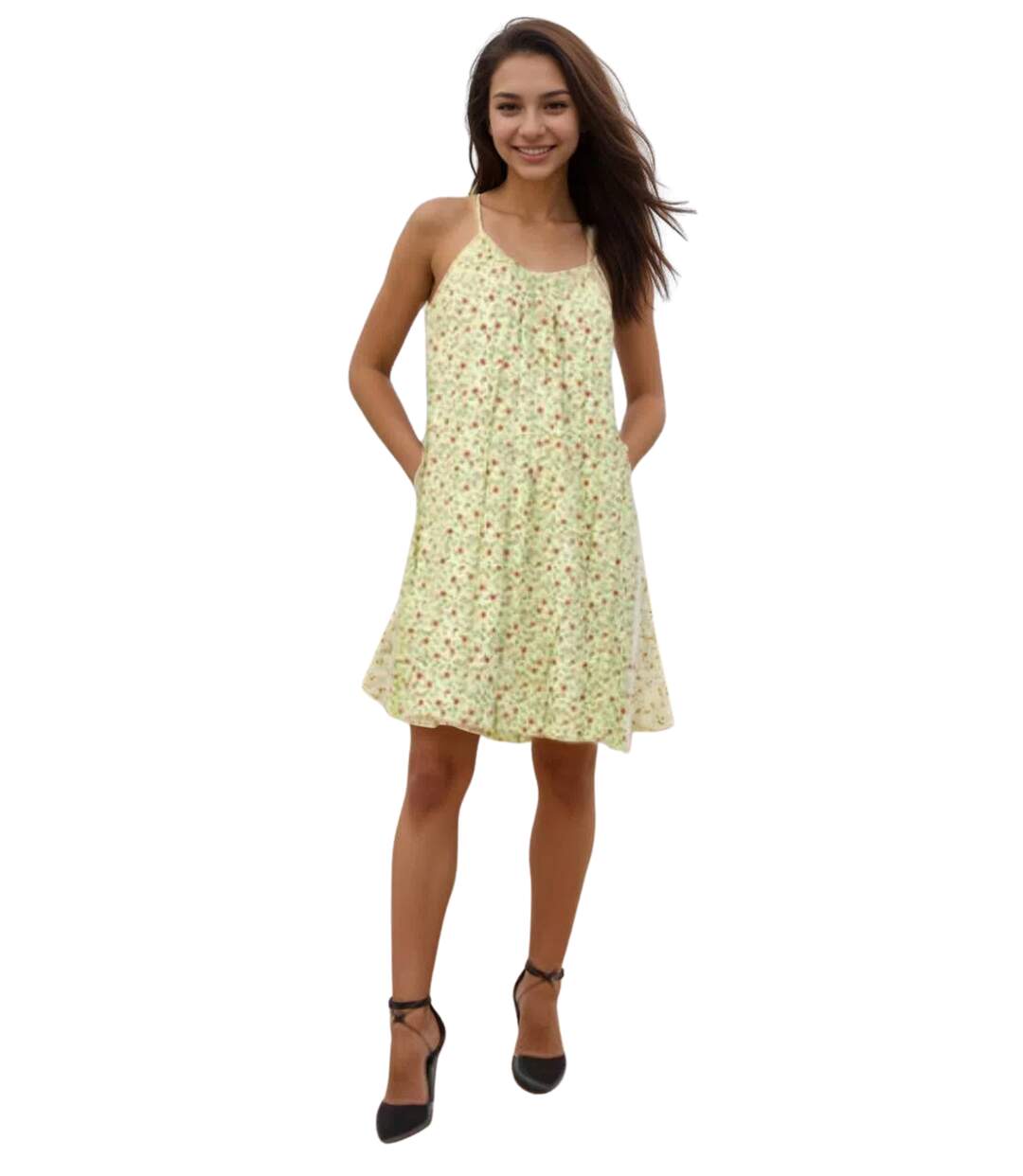 Robe d'été à  bretelles vert anis, longueur genoux et coupe ample, parfaite pour les journées ensoleillées-1