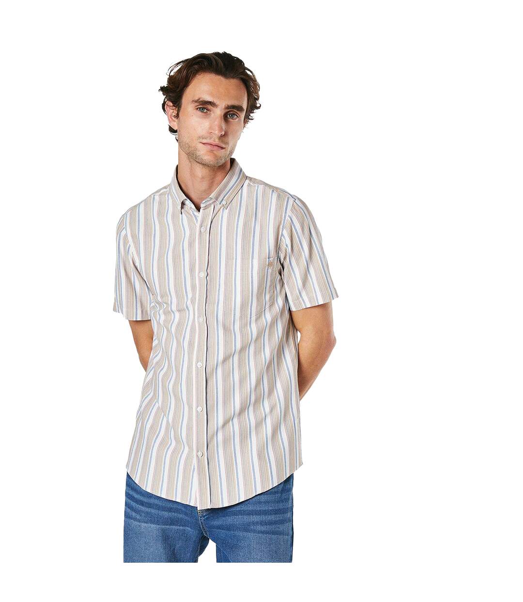 Mens stripe oxford short-sleeved shirt tan Maine-1