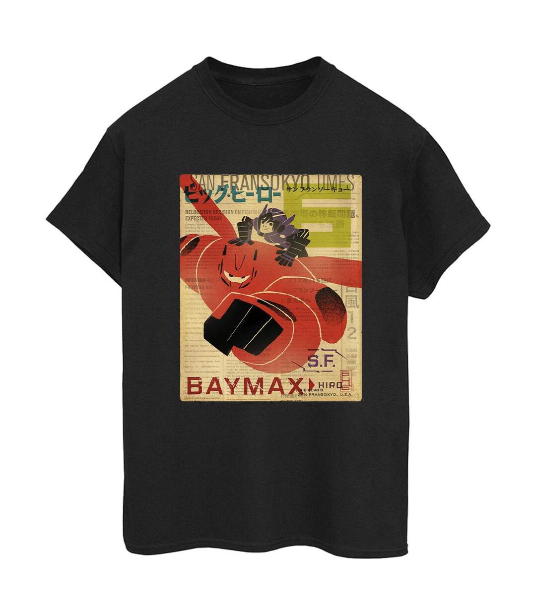 Disney Femme/Ladies Big Hero 6 Baymax Flying Baymax Newspaper Cotton Boyfriend T-Shirt (Noir) - UTBI15472-1