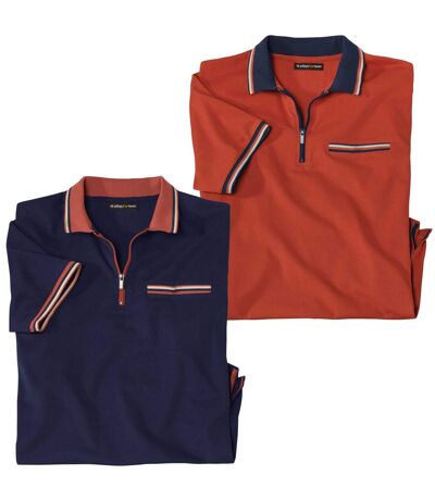 Pack of 2 Men's Zip-Neck Polo Shirts - Navy Orange