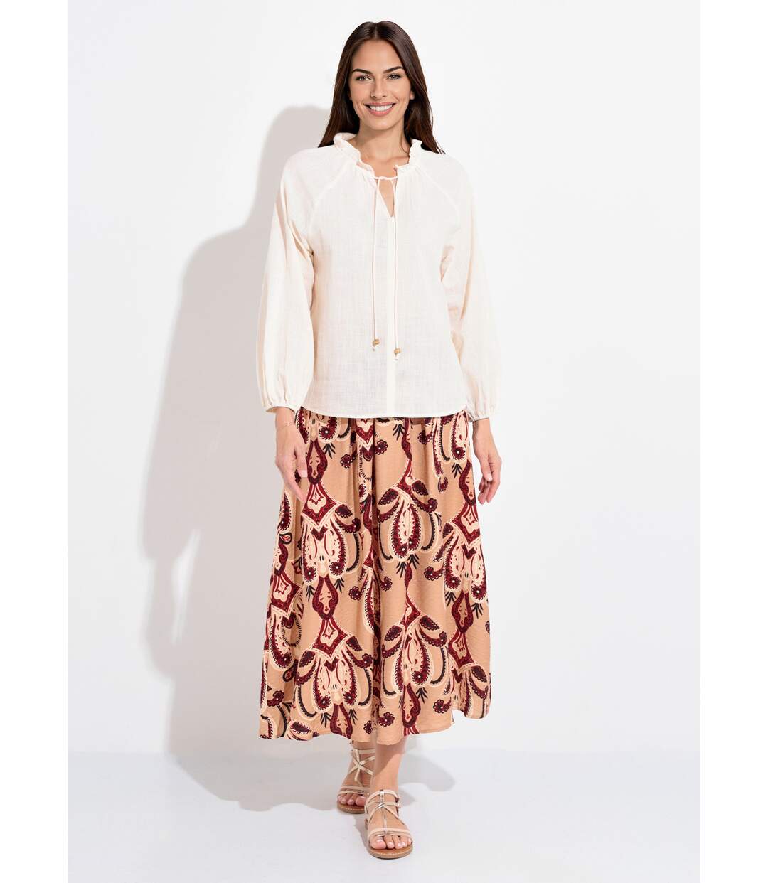 Blouse ample col V fantaisie lien à nouer-3