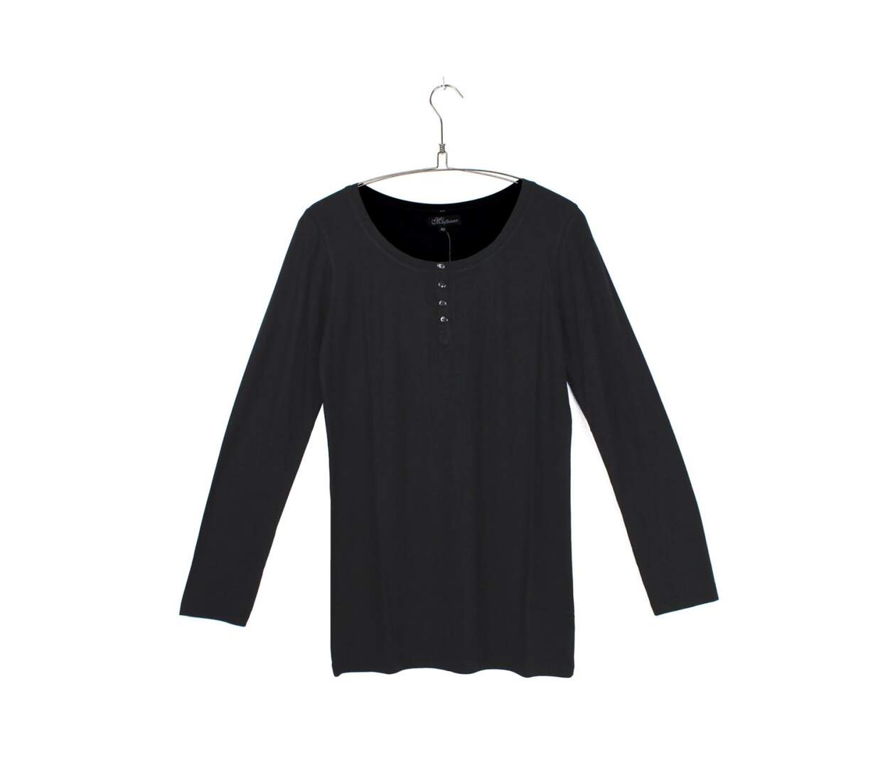 MAYFLOWER - Tee-shirt manches longues noir uni en viscose stretch avec col à 4 boutons-5