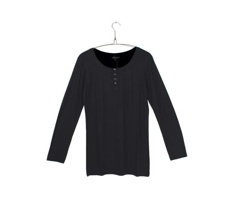 MAYFLOWER - Tee-shirt manches longues noir uni en viscose stretch avec col à 4 boutons