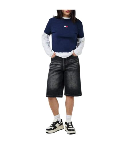 Womens/ladies Embroidered Logo Cotton Cropped T-shirt Navy Tommy Jeans