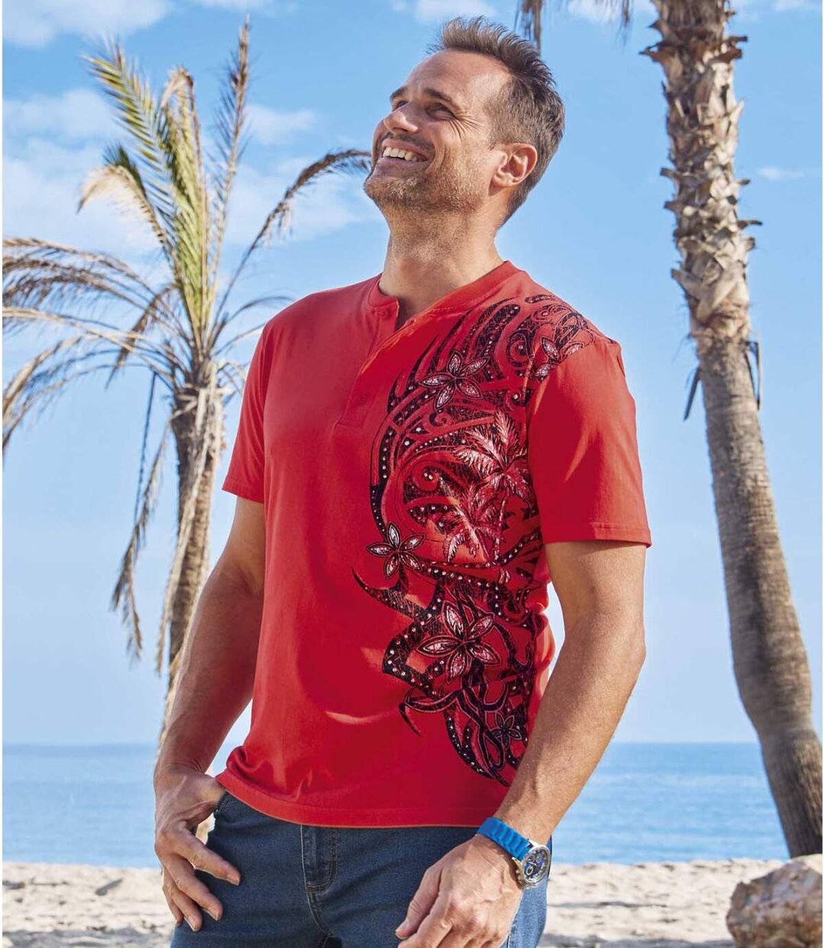 Sada 2 triček s knoflíčkovým zapínáním u krku a potiskem tahitských motivů Atlas For Men
