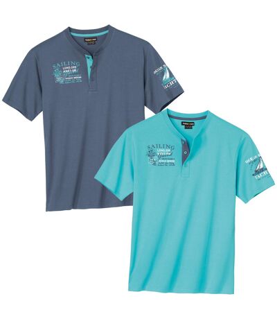 Pack of 2 Men's Henley T-Shirts - Blue Turquoise