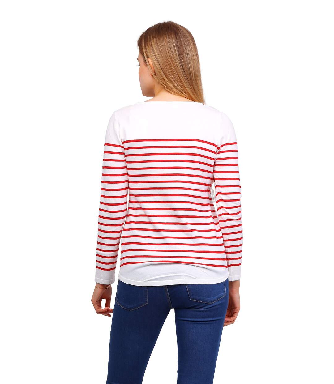 Pull femme de style marin - Pull col en V - Manches longues - Rayé rouge